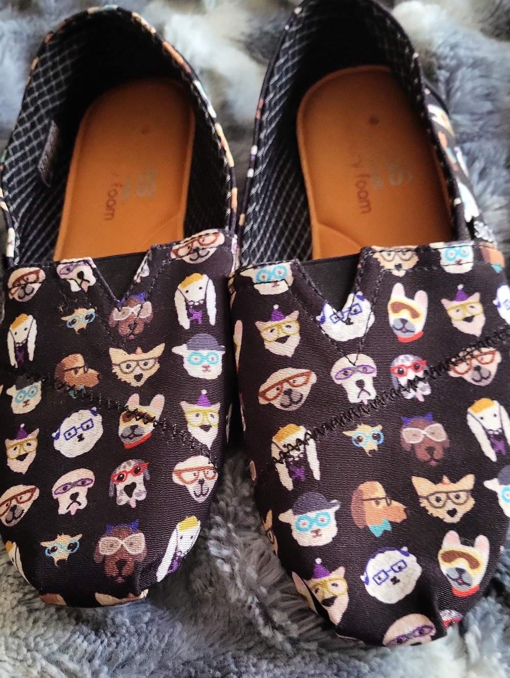 Skechers Bob's Black Slip-On One Piece Shoes with Fun Dog Print